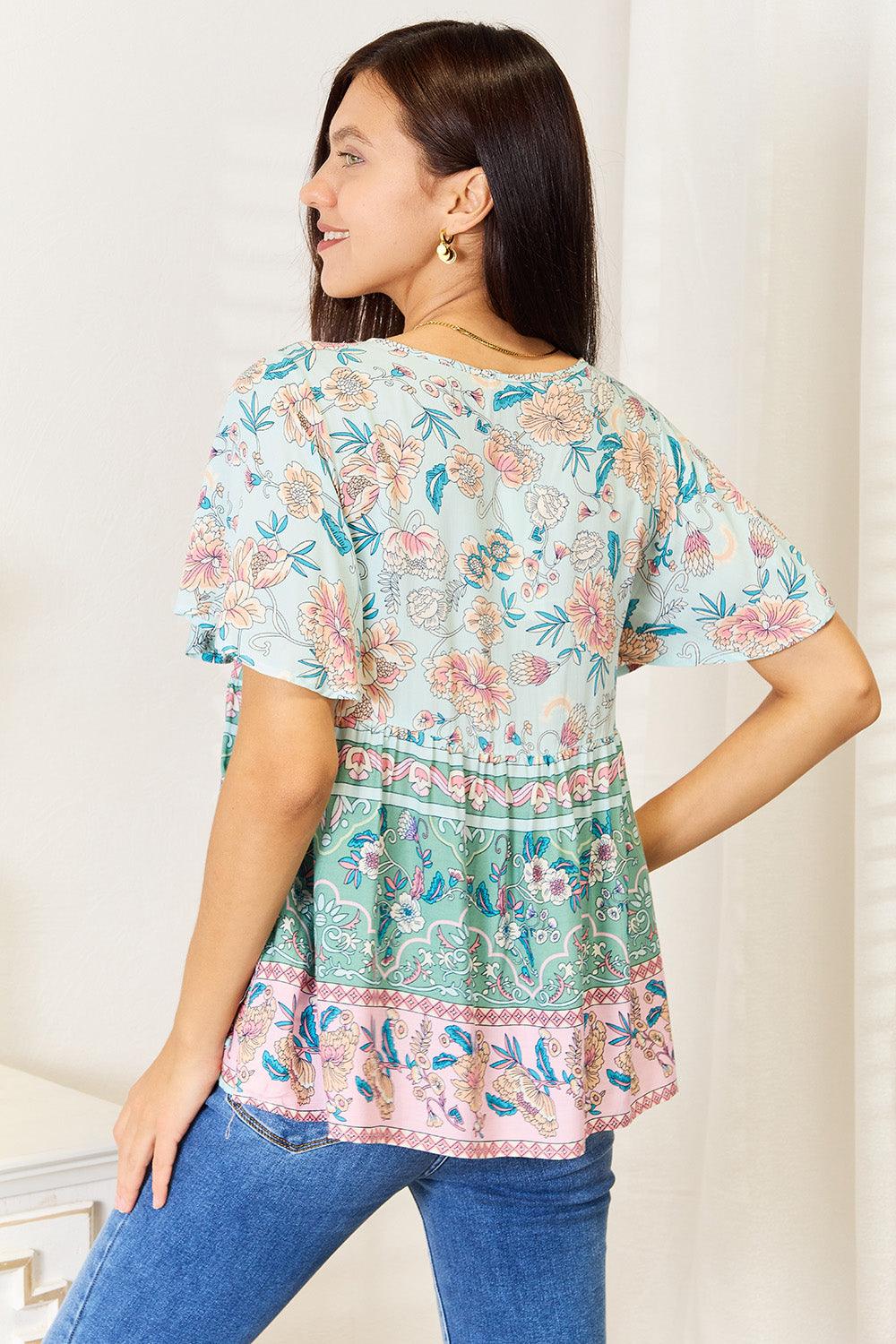 Perfee Floral Tie Neck Short Sleeve Blouse Carauana Store