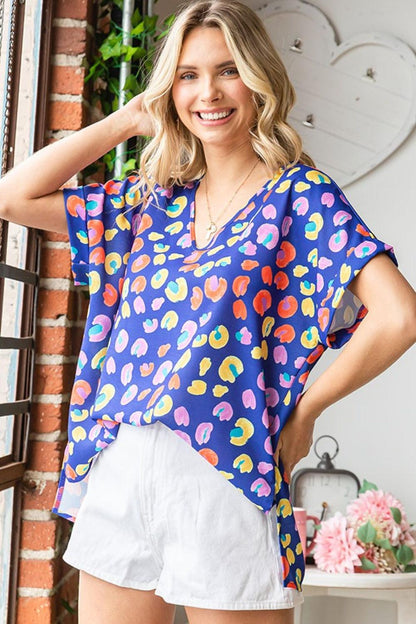 First Love Printed V-Neck Short Sleeve Blouse Carauana Store
