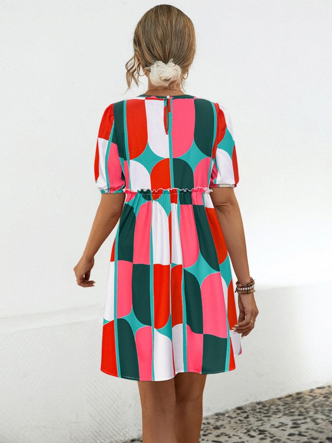Geometric Frill Round Neck Short Sleeve Dress Carauana Store