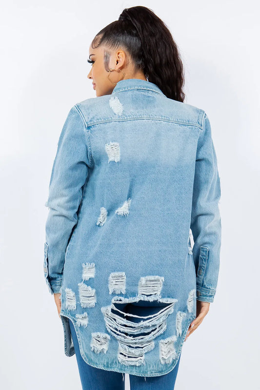 American Bazi Distressed Button Up Long Sleeve Denim Jacket Carauana Store