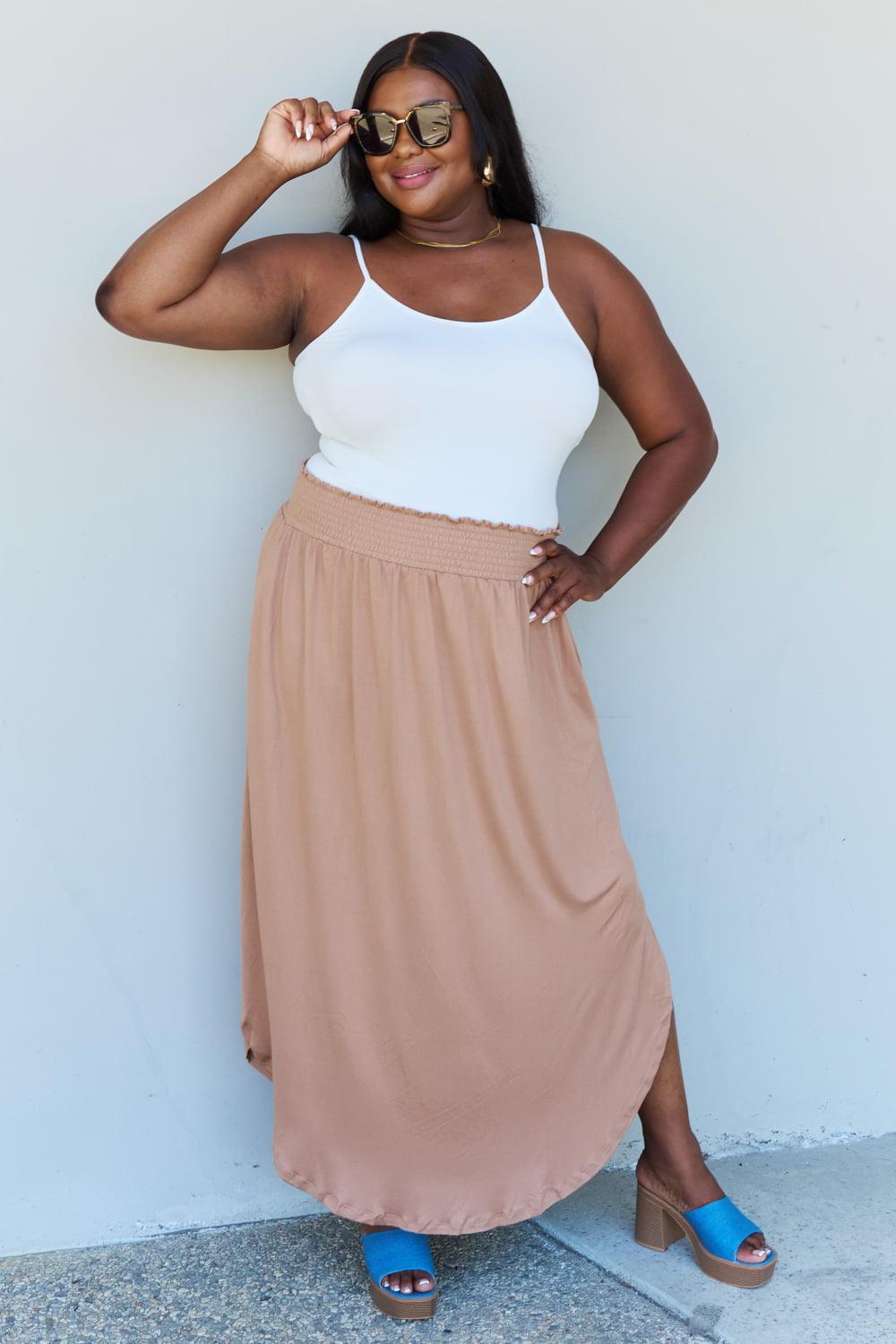 Doublju Comfort Princess Full Size High Waist Scoop Hem Maxi Skirt in Tan Carauana Store