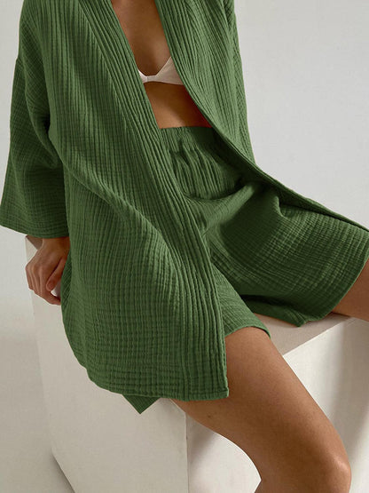 Textured Dropped Shoulder Cardigan and Shorts Set Carauana Store