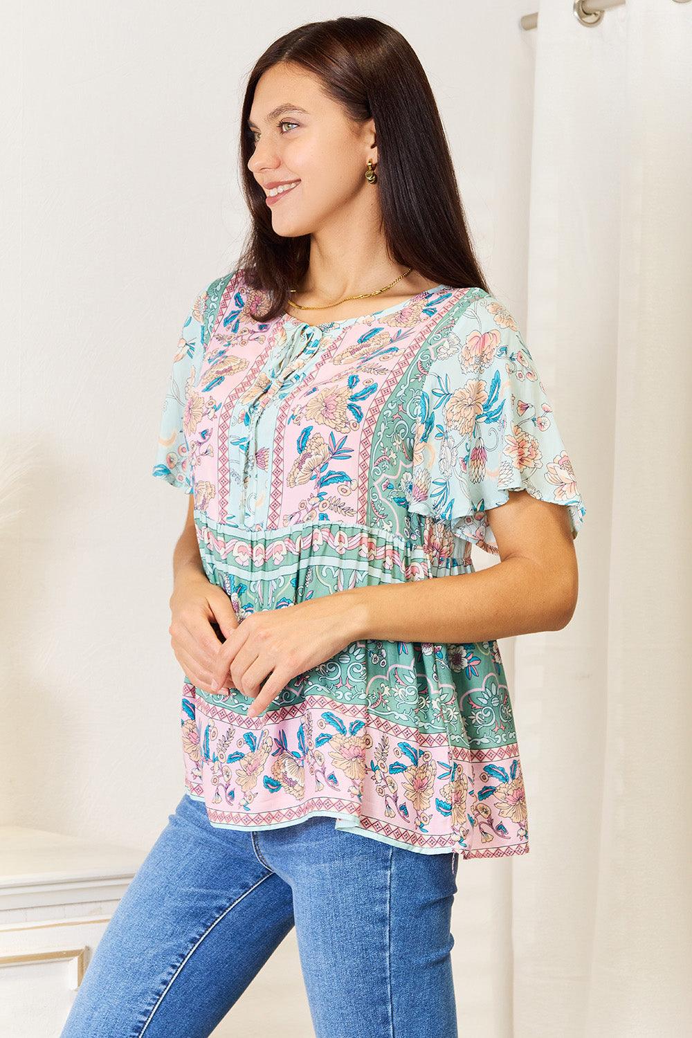 Perfee Floral Tie Neck Short Sleeve Blouse Carauana Store