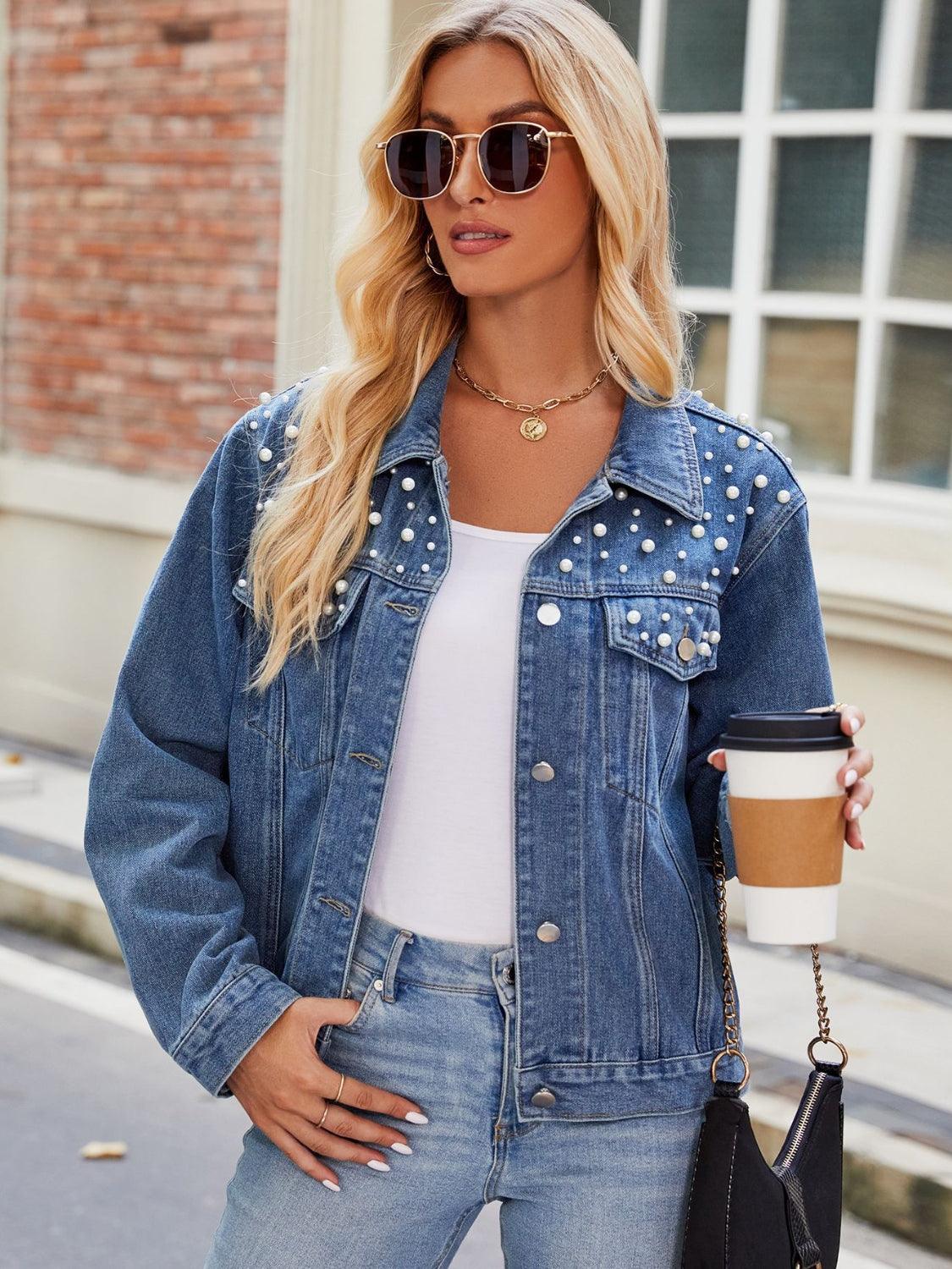 Pearl Detail Collared Neck Long Sleeve Denim Jacket Carauana Store