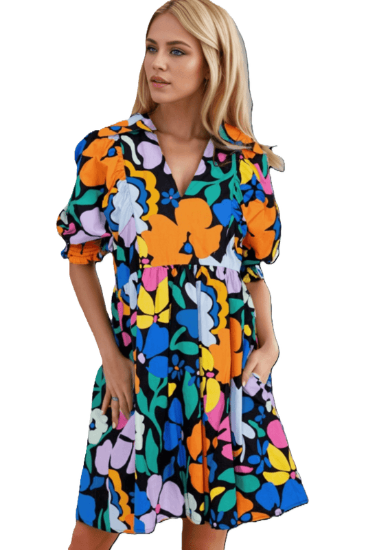 Printed Johnny Collar Half Sleeve Mini Dress Carauana Store